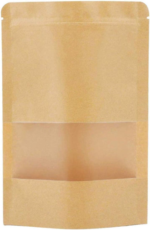 Resealable Brown Paper Stand Up Pouches with Window, 50Pcs 5.5"x7.8" Zip Lock Coffee Packaging, Kraft Candy Bags for