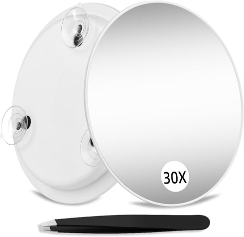 Magnifying Mirror 30X with Suction Cups, 6inch Round Makeup Mirror with High Magnification and Tweezers Set