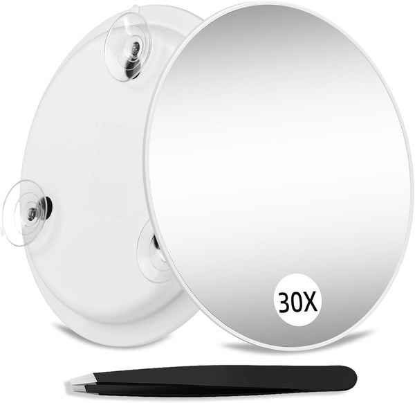 Magnifying Mirror 30X with Suction Cups, 6inch Round Makeup Mirror with High Magnification and Tweezers Set