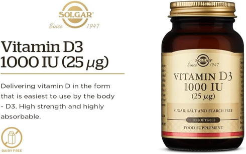 Solgar Vitamin D3 (Cholecalciferol) 25 MCG (1000 IU) - 250 Softgels for Bone Health & Immune Support.