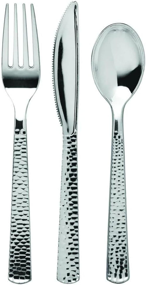Silver Pebbled Plastic Cutlery Combo Set Durable Disposable Forks, Spoons, and Knives