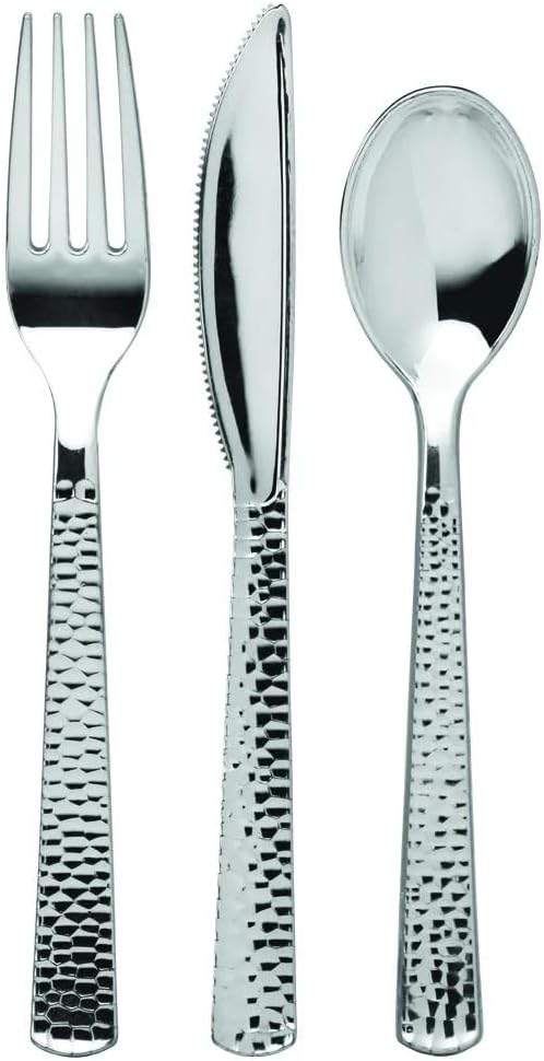 Silver Pebbled Plastic Cutlery Combo Set Durable Disposable Forks, Spoons, and Knives