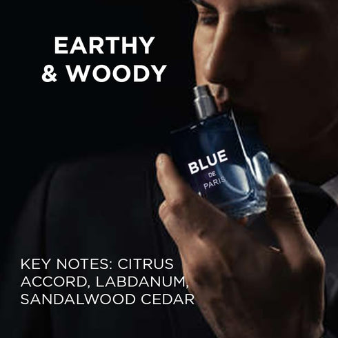 NovoGlow Blue De Paris for Men - 3.4 Fl. Oz. Perfume with Carrying Pouch - Woody Floral & Fruity