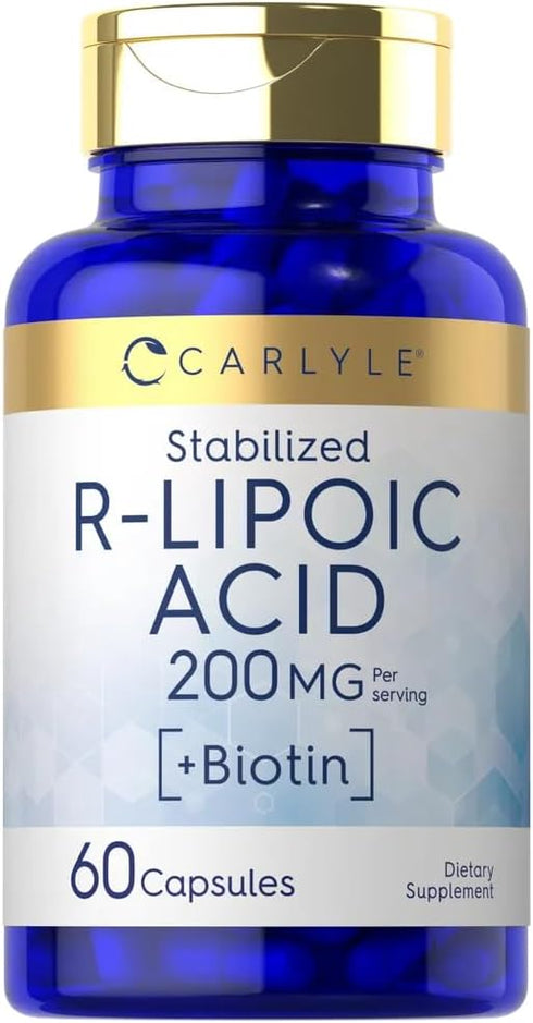 Carlyle R-Lipoic Acid 200mg, 60 Capsules, Stabilized R-Lipoic Acid with Biotin, Non-GMO, Gluten Free