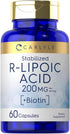 Carlyle R-Lipoic Acid 200mg, 60 Capsules, Stabilized R-Lipoic Acid with Biotin, Non-GMO, Gluten Free
