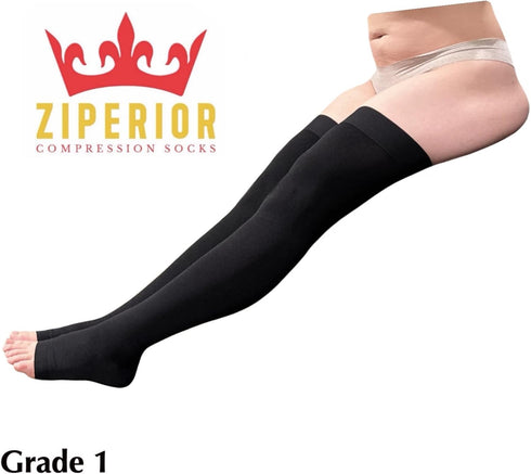 Ziperior 15-20 mmHg Thigh High Compression Wide Calf Inside Leg Zipper Open Toe