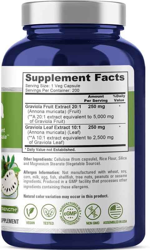 NusaPure Graviola 200 Veggie Caps, 7,500 mg Equivalent, Non-GMO Extract 20:1