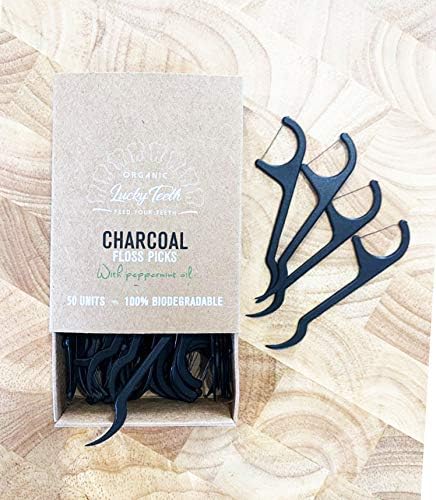 Improved Biodegradable Activated Charcoal Floss Picks, Plastic Free with Organic Peppermint Oil, Zero Waste - 50 Unit