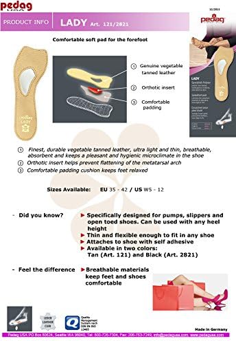Pedag 121 Lady 3/4 Ultra Thin Leather Self Adhesive Insole, Tan, Women's 10, for All Heels