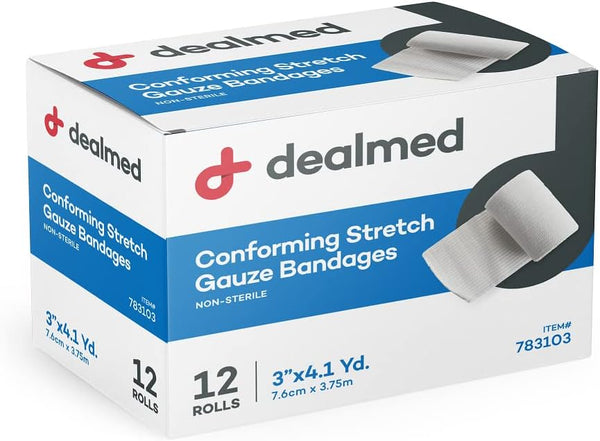 Dealmed 3" Non-Sterile Conforming Stretch Gauze Bandages, 4.1 Yards Latex Free, Medical Non-Adherent Wound Care (Box of