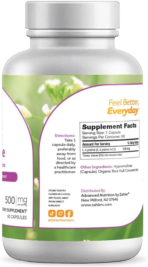 Zahler L-Lysine 500mg - Freeform L-Lysine Supplement, Kosher 60 Capsules