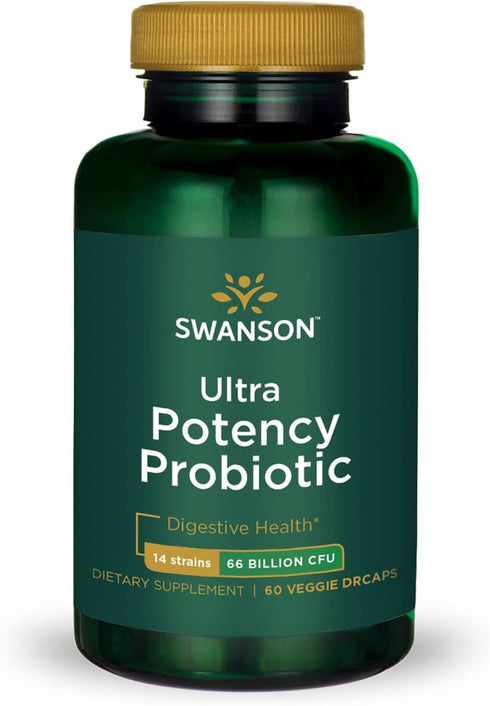 Swanson Ultra Potency Probiotic Digestive Health, 66 Billion CFU Prebiotic NutraFlora scFOS 60 Capsules