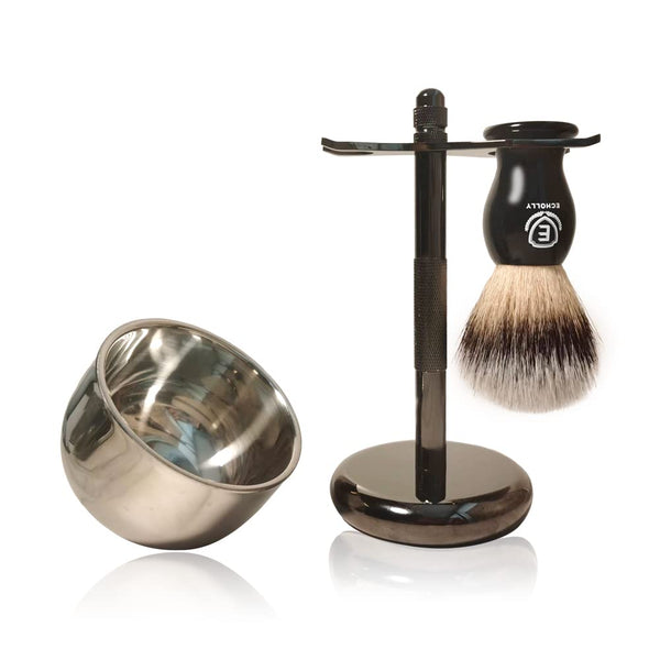 Premium Shaving Brush Kit - 3 in 1 Set for Men with Badger Synthetic Hair Brush, Stainless Steel Soap Bowl, Safety