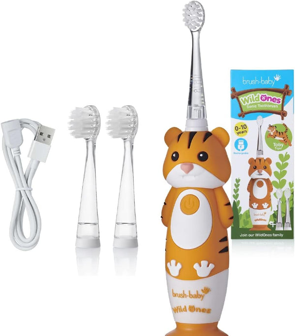 brush-baby WildOnes Kids Electric Toothbrush, Rechargeable, 1 Handle, 3 Brush Heads, USB Charging, Ages 0-10 (Tiger)