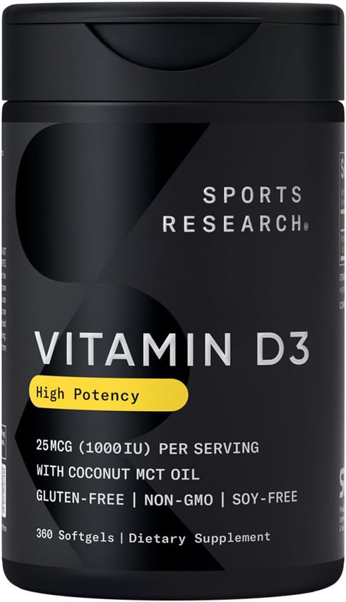 Sports Research Vitamin D3 1000 IU with Coconut MCT Oil, 360 Liquid Softgels, Immune & Bone Support