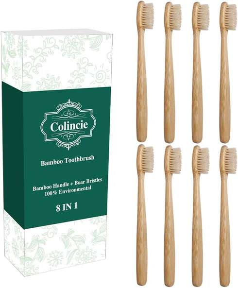 Bamboo Toothbrush with Medium Boar Bristles, Natural Toothbrush, Environmentally Friendly (8 Pieces)