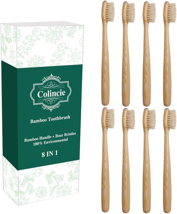 Bamboo Toothbrush with Medium Boar Bristles, Natural Toothbrush, Environmentally Friendly (8 Pieces)
