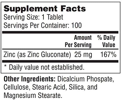 Zinc (as Zinc Gluconate) 25 mg, 100 Mini Size Easy to Swallow Tablets, Immune Support, Gluten Free