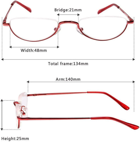 KoKoBin Upgraded Translucent Reading Glasses, 3 Pairs Half-Frame Metal Readers for Men and Women, Red, Brown, Gunmetal