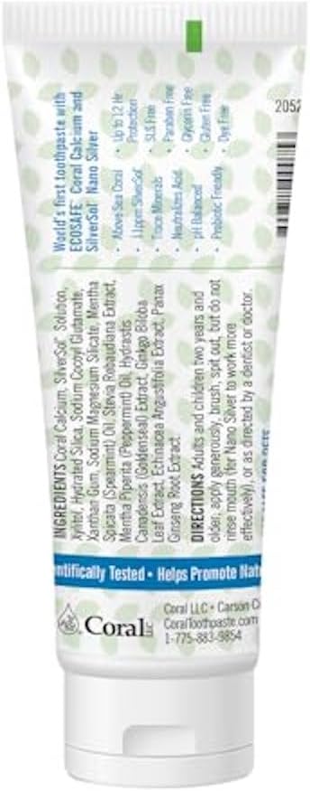 Coral White Nano Silver Mint Toothpaste (2 Pack) - Natural Fluoride Free Teeth Whitening, Coral Calcium Nano Silver