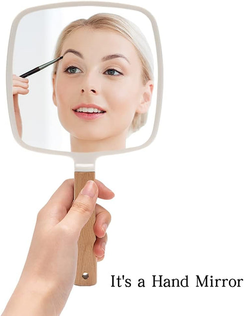 YEAKE Hand Held Mirror with Handle for Makeup, Small Cute Wood Hand Mirror for Shaving, Portable Travel Vanity