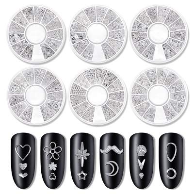 WOKOTO 6 Boxes Silver Hollow Nail Art Studs Set - 3D Flower Diamond Manicure Kit with Tweezers