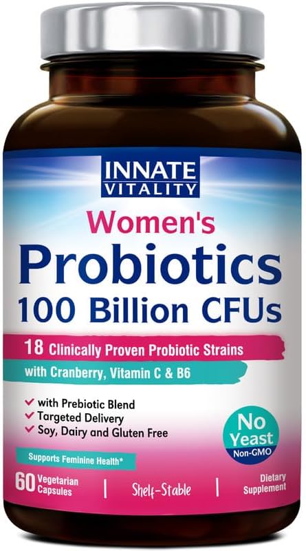 Innate Vitality Probiotics for Women | 100 Billion CFUs, 18 Strains with Cranberry, Vitamin C & B6 | 60 Capsules