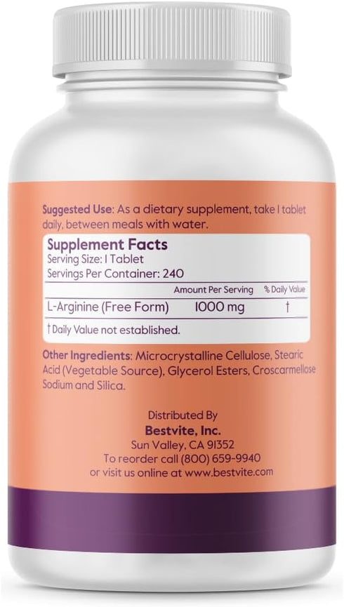 BESTVITE L-Arginine 1000mg (480 Tablets) (240 x 2) - 20% More Pure L-Arginine vs L-Arginine HCL Products