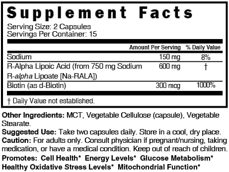 Nutri R Alpha Lipoic Acid 600mg Capsules - R Lipoic Acid Stabilized with Biotin - 30 Vegan Capsules