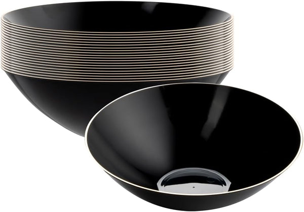 Restaurantware Moderna 16 Ounce Plastic Bowls, 20 Durable Disposable Salad Bowls, Gold-Rimmed Heavy-Duty