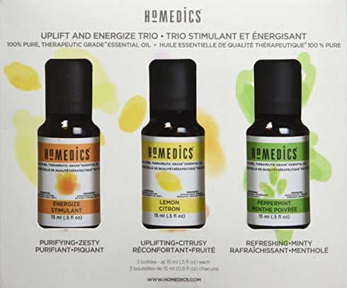 Set, 3-Pack 15ml Homedics Essential Oil Uplift and Energize with Lemon Citrol, Peppermint Menthe Poivree, and Energize