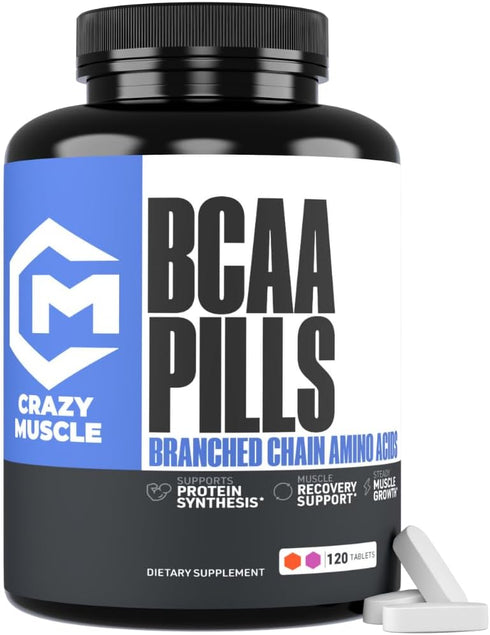 Crazy Muscle BCAA Pills, 2:1:1 Ratio of Branched Chain Amino Acids, 1000mg per Pill, 120 Tablets