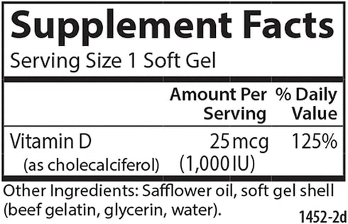 Carlson - Vitamin D3, 1000 IU (25 mcg), Bone Health, Muscle Health, Cholecalciferol, Vitamin D Supplements, 250 Softgels