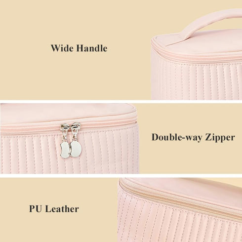 Makeup Bag, Travel Cosmetic Case with Brush Organizer, Double-way Zipper Beauty Bag for Skincare Products (Pink)