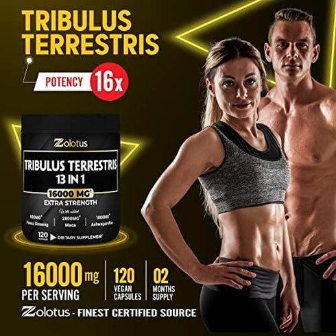 13in1 Tribulus Terrestris Capsules - 16000mg with Maca, Horny Goat Weed, Panax Ginseng & More, 120 Counts