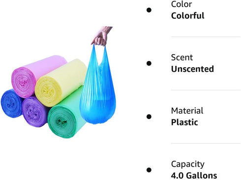 100 Count 4 Gallon Small Colorful Trash Bags with Handle for Home, Office, Bathroom