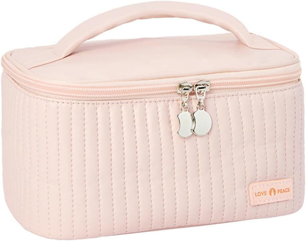 Makeup Bag, Travel Cosmetic Case with Brush Organizer, Double-way Zipper Beauty Bag for Skincare Products (Pink)