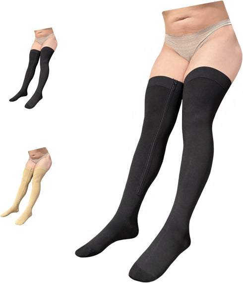 Ziperior Closed Toe Thigh High 15-20 mmHg Compression Wide Leg Inside Zipper
