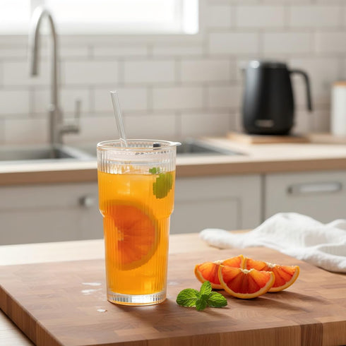 HYLEBOR 20 oz 6-Piece Set, 2 Ribbed Glass Tumblers with Lids and Glass Straws Glassware Thickened Wall, Ideal for Iced