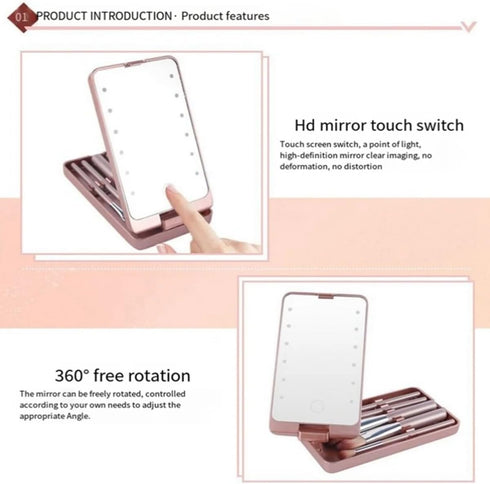 Portable Makeup Mirror with 5 Makeup Brushes, Travel Case Storage Box LED Rechargeable Makeup Mirror (White)
