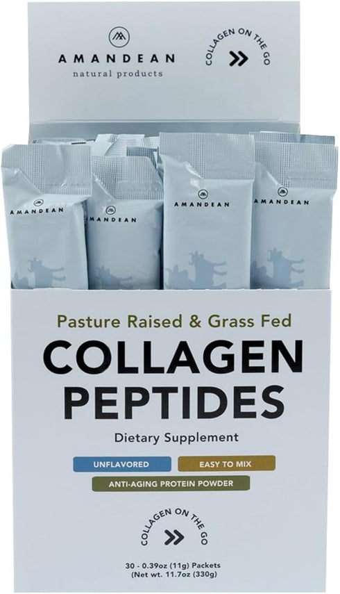 AMANDEAN Collagen Peptides Powder Packets - 30 Individual Stick Packs, Grass-Fed Hydrolyzed Protein