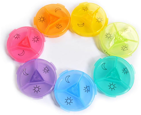 SHOWERORO Compartment Rainbow Color Weekly Pill Box Organizer Portable Round Medicine Dispenser Case with Food-Grade PP