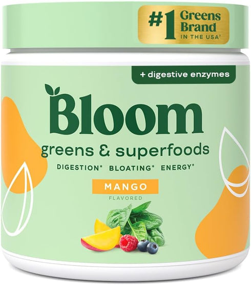Bloom Nutrition Superfood Greens Powder, Digestive Enzymes, Probiotics, Gut Health, 30 SVG, Mango