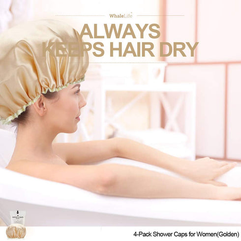 Shower Cap for Women, Extra Large Reusable Shower Cap for Men (Golden 4 Pack) Waterproof Long Hair Satin Double Layer
