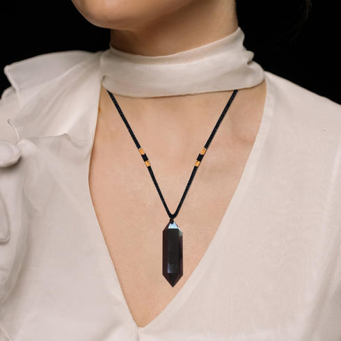 Runyangshi Black Obsidian Healing Crystal Pendants, Double Pointed Natural Crystal Quartz Necklace, Chakra Crystal Wand