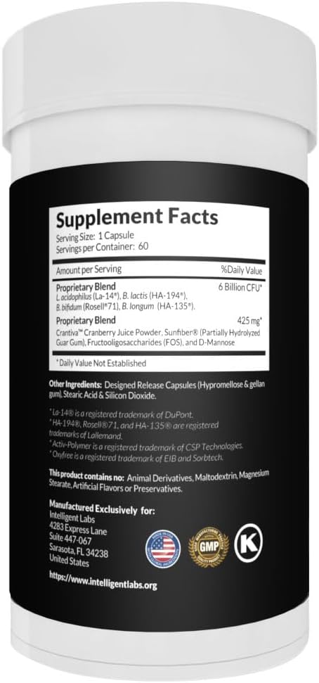 Intelligent Labs Women's Probiotics Formula with Cranberry Extract, D-Mannose, 60-Day Supply, 6 Billion CFU