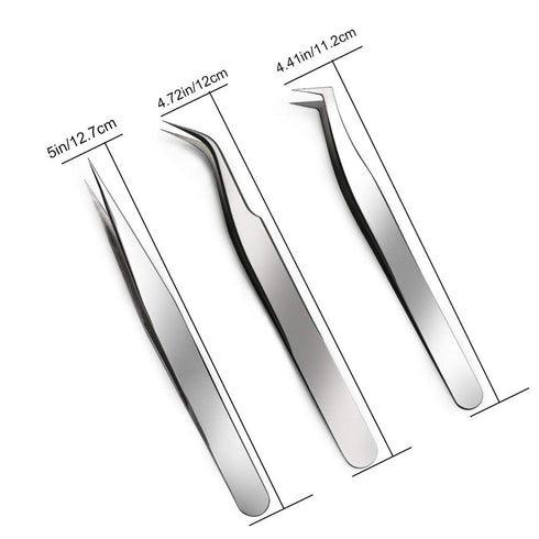 Quewel Eyelash Extension Tweezers Set, Curved and Straight Stainless Steel Applicator Tool, 3 Pcs (Silver, Mirrored)
