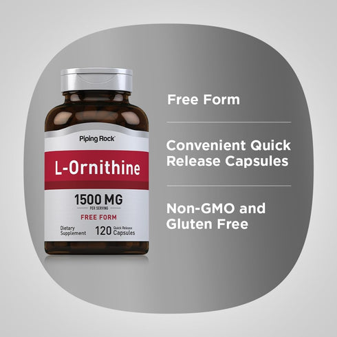 Piping Rock L-Ornithine 1500 mg - 120 Non-GMO Gluten Free Capsules - Free Form Supplement for Muscle Support