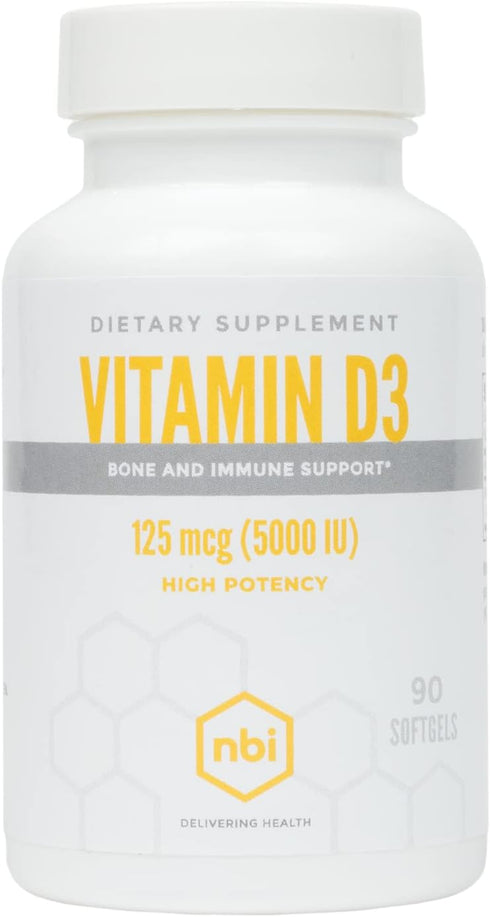 NBI High Potency Vitamin D3 125 mcg (5000 IU) Softgels with Rosemary Extract Antioxidants for Bone & Immunity Support