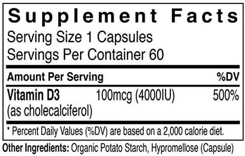 Vitamin D3 4000IU - Supports Bone Health, 60 Vegan Capsules